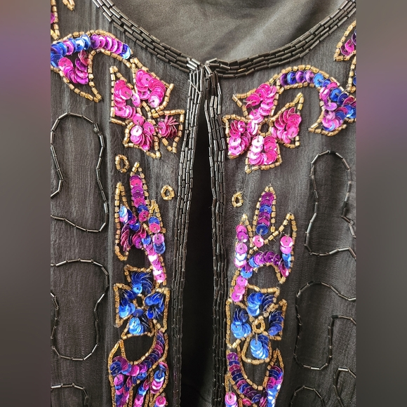Vintage J.M.C. Silk Jacket Open Front Beaded Sequins Long Sleeve Black Size 1X - Picture 5 of 15